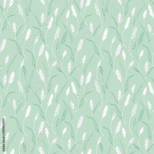 Elegant seamless vector pattern with delicate floral stems and lavender buds on a soft green background. Ideal for wallpapers, packaging, stationery, textiles