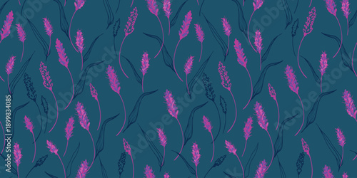 Seamless vector pattern with vivid magenta botanical spikes and dark linear leaves on a deep teal background, creating a bold, modern, and expressive floral design