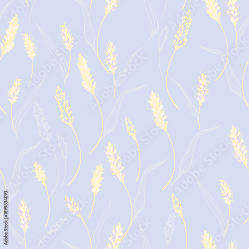 Soft seamless vector pattern with delicate wheat like botanical stems and airy linear leaves on a pastel blue background, creating a light, elegant and natural decorative design