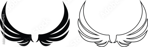 Angel wings icon set in flat and line style, bird wing symbol collection and group, black monochrome vector illustration isolated on transparent background for logo design