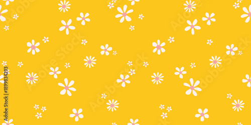 Seamless vector floral pattern with white and pink daisies on a bright yellow background. Cheerful minimal design for spring textiles, wrapping paper, and digital prints