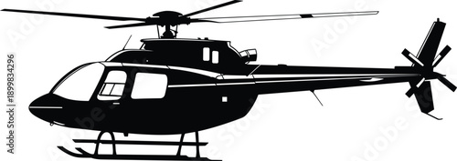 Black helicopter silhouette icon showing modern rotor aircraft profile, aviation transportation symbol isolated on white background for military, rescue, emergency, and commercial flight concepts