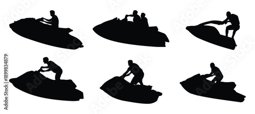 Jet ski rider silhouette set with dynamic watercraft action isolated on white background vector illustration