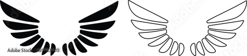 Angel wings icon set in flat and line style, bird wing symbol collection and group, black monochrome vector illustration isolated on transparent background for logo design