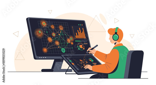 Data scientist analyzing complex network graphs and statistical data on screens using digital tools