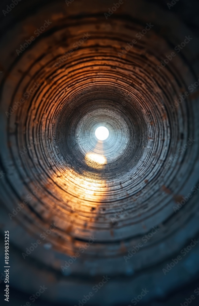 Fototapeta premium View inside large rusty iron sewer pipes leading to light. Industrial metal tubes with circular pattern create abstract background texture for construction or drainage themes.