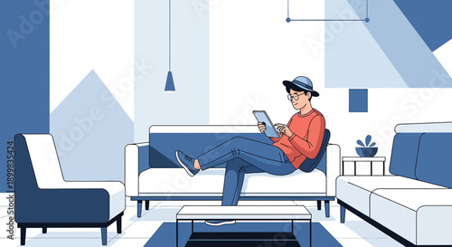 Digital Downtime: Man Relaxing with Tablet in Modern Abstract Living Room Interior