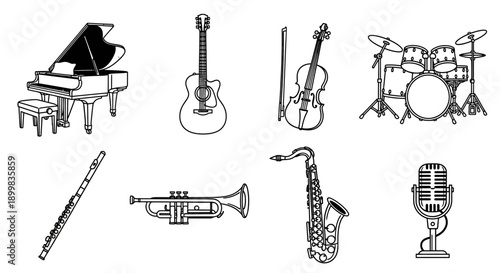Diverse musical instruments collection on white background.