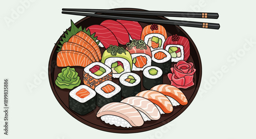 Illustration of a sushi platter with various rolls and sashimi.