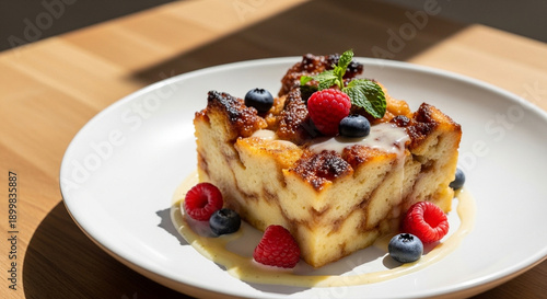 Delicious bread pudding dessert with fresh berries and syrup on a white plate.