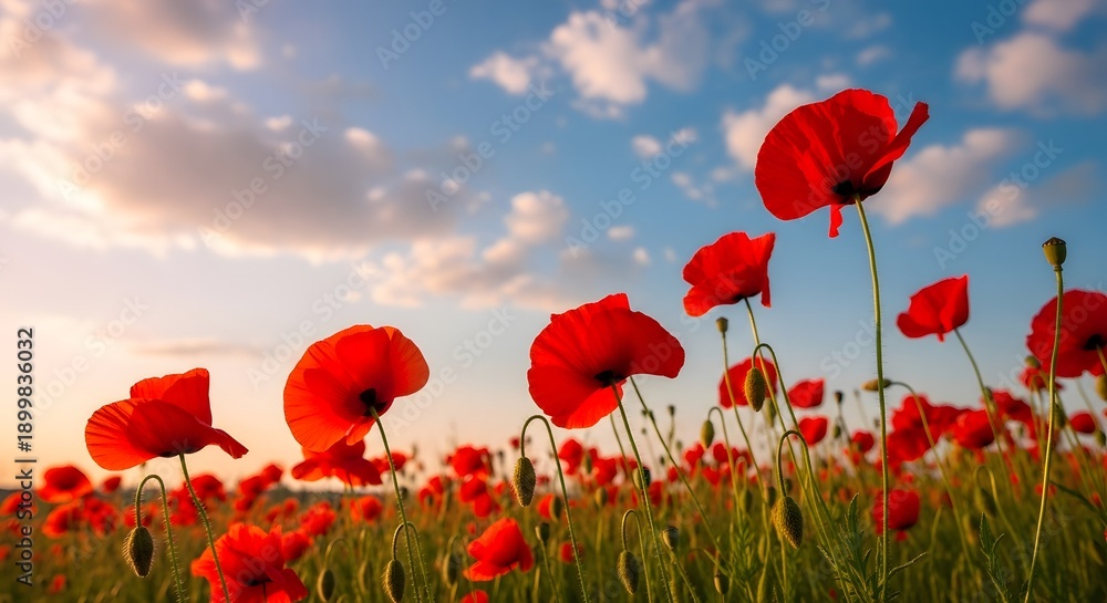 Obraz premium Vibrant red poppies in a lush green field at sunset