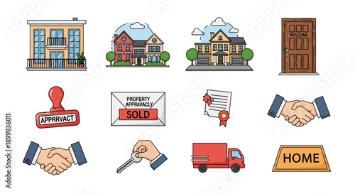 Real estate icons for buying, selling, and owning a home.