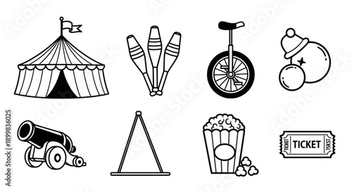 Circus icons collection including tent, juggling pins, unicycle, and popcorn.