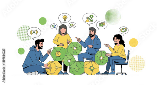 Diverse team collaborating creatively on interconnected hexagonal blocks brainstorming solutions