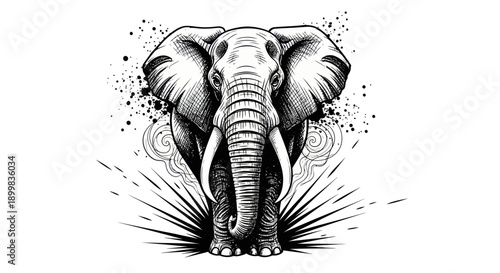 Stylized black and white elephant illustration with ink splatter