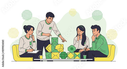 Diverse team collaborating on geometric puzzle problem solving and brainstorming session