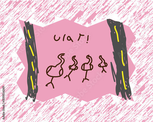 Kids Hand drawn snakes with messy brush lines in grunge pink background