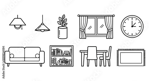 Set of line art icons for home decor and interior design.