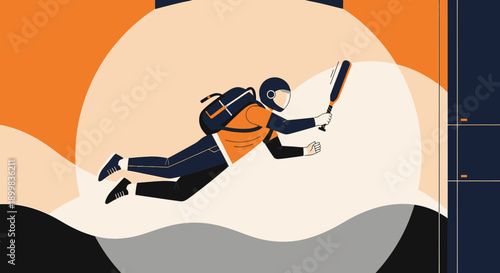 Dynamic flat illustration capturing a flying figure with baseball bat and backpack  amid abstract