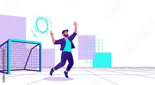 Dynamic illustration portraying a person interacting with futuristic augmented reality soccer game
