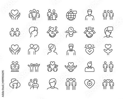 Collection of simple vector icons depicting community and relationships in a clean design.