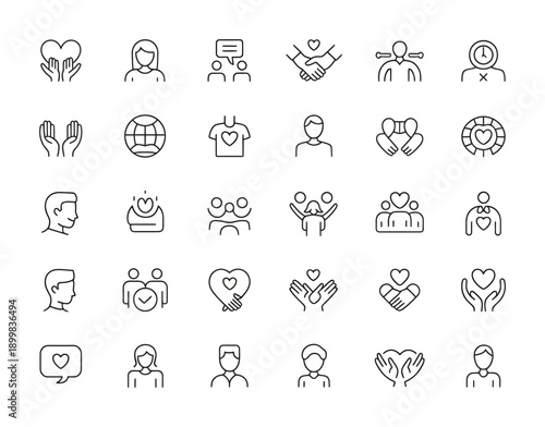 Collection of vector icons depicting themes of love, unity, and human connection in various expressions
