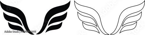 Angel wings icon set in flat and line style, bird wing symbol collection and group, black monochrome vector illustration isolated on transparent background for logo design