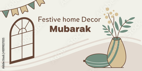 Festive Home Decor Mubarak Celebration Illustration with Window Vase and Bunting