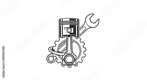 Mechanical Engine Piston and Wrench Symbol.