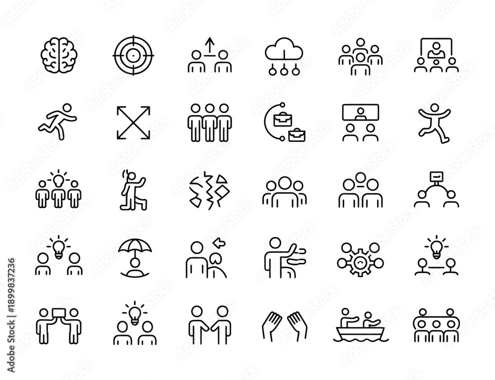 Fototapeta premium Collection of black and white vector icons representing teamwork and collaboration