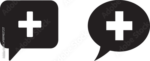 Two black medical chat icons with white crosses on transparent background