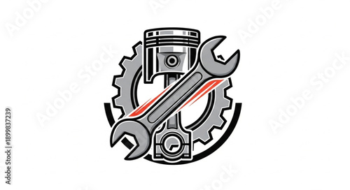 Mechanical Engine Piston Gear and Wrench Icon Symbol.