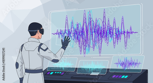 Engineer manipulating virtual waveforms on a futuristic interface with augmented reality, driving