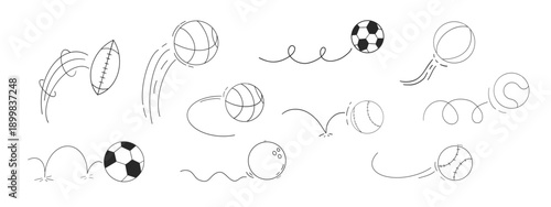 Bounced ball comic manga effect, doodle line hand drawn ball jump trajectory, ball motion expression. Sketch movement.