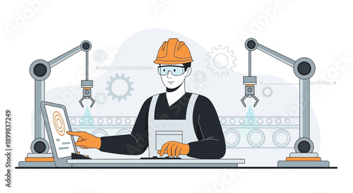 Engineer overseeing automated production with robotic arms and digital interface display