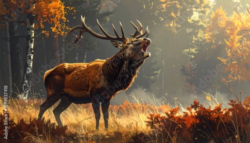 Majestic stag bellows in golden autumn forest, sunlit clearing, leaves ablaze