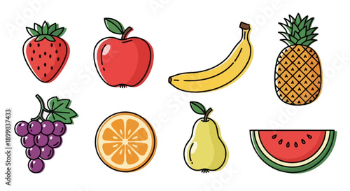 Colorful set of various fruit icons in a line art style isolated on a white background.