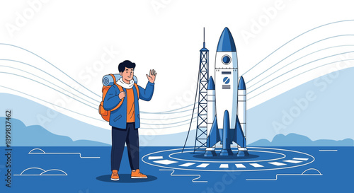 Enthusiastic traveler says goodbye to a majestic rocket ready to launch in an epic digital