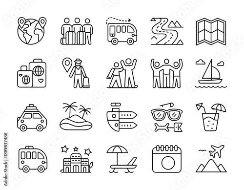Set of vector icons depicting various travel and adventure activities worldwide