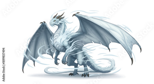 Majestic ice dragon with wings spread wide, surrounded by swirling frost.