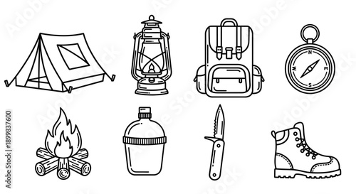 Set of camping and hiking gear icons