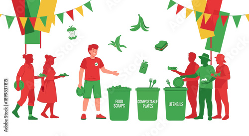 Event with Food Waste Sorting Stations and Compostable Materials for Environmental Awareness