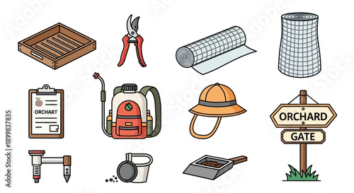 Set of orchard tools and gardening equipment icons on a white background.