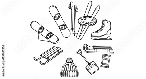 Winter sports gear and activities in a doodle style.