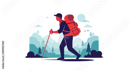 Man hiking with backpack and pole in a stylized mountain landscape.
