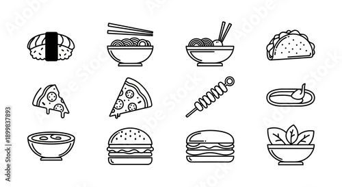Collection of delicious food icons in a simple line art style.