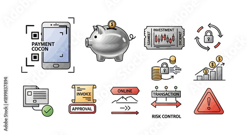 Collection of icons representing online payment and financial concepts.