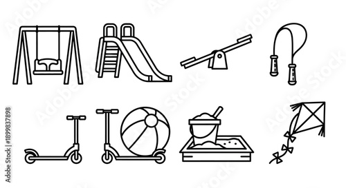 Collection of line art icons for playground and outdoor toys.