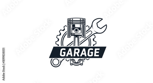 Garage Service Emblem with Piston and Wrench.