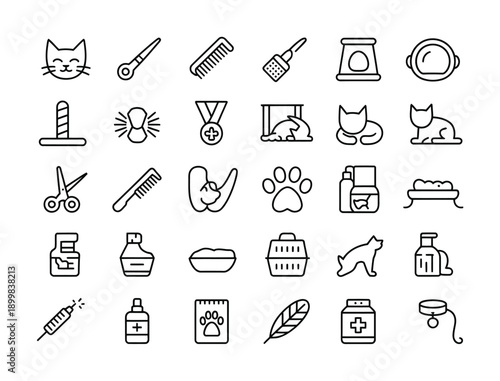 Black and white vector icons showcasing various cat care items and activities